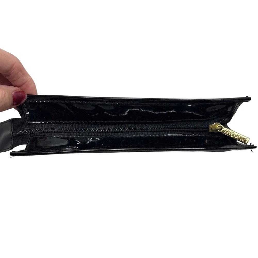 Lancome Black Faux Patent Leather Makeup Bag‎ Gold Logo Zipper Pull Cosmetic Bag